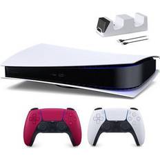 Playstation 5 digital edition Game Consoles Sony PlayStation 5 Digital Edition with Two Controllers White and Cosmic Red DualSense and Mytrix Dual Controller Charger