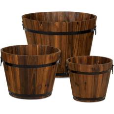 Best Choice Products Pots Best Choice Products 3-Set Rustic Wood Bucket Barrel Flower Garden