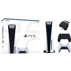 Sony PlayStation 5 Disc Edition with Two Controllers White and Midnight Black DualSense and Mytrix Hard Shell Protective Controller Case