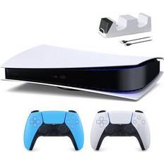 Sony PlayStation 5 Digital Edition with Two Controllers White and Starlight Blue DualSense and Mytrix Dual Controller Charger