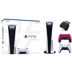 Sony PlayStation 5 Disc Edition with Two Controllers White and Cosmic Red DualSense and Mytrix Hard Shell Protective Controller Case