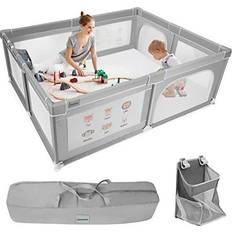 Home Safety Baby Playpen 76.77x 61.02x26.77 inch Extra Large Playpen with Hanging Basket Safety Gate Playpen with Breathable Mesh and Prints Kids Activity Center Playpen for Babies and Toddlers