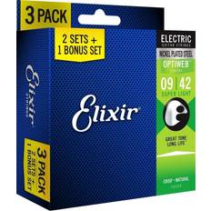 Elixir Strings Elixir Bonus Pack Optiweb Coated Electric Guitar Strings, Super Light .009-.042) 3 Pack