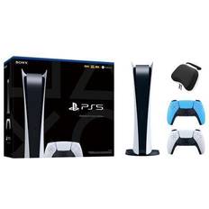 Playstation 5 digital edition Game Consoles Sony PlayStation 5 Digital Edition with Two Controllers White and Starlight Blue DualSense and Mytrix Hard Shell Protective Controller Case