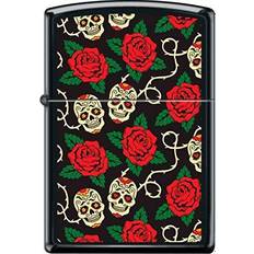 Zippo Sugar Skulls On Vine With Red Roses Black Matte Windproof Lighter
