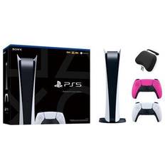Sony PlayStation 5 Digital Edition with Two Controllers White and Nova Pink DualSense and Mytrix Hard Shell Protective Controller Case