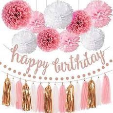 Garlands Pink Rose Gold Birthday Party Decorations Set Rose Gold Glittery Happy Birthday banner Tissue Paper Pom Circle Dots Garland and Tassel Garland for Birthday Party Decorations