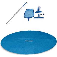 Intex Pool Covers Intex 18 Ft Round Easy Solar Cover and Maintenance Kit w/ Vacuum Skimmer & Pole
