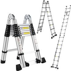Telescoping Ladder 16.5FT,A-Frame Aluminum Extension Ladders with Stabilizer Bar Wheels,Portable Multi-Purpose Collapsible Ladder for Roof Ceiling Household Use