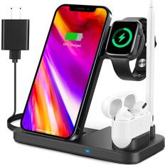 Apple airpods pro Headphones 4 in 1 Wireless Charging Station for Apple Products, Fast Wireless Charger Charging Stand Compatible with Apple Watch SE 6 5 4 3 2, AirPods Pro, Pencil and iPhone 12, 11, 11 Pro max, Xr Xs max (Black)
