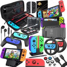 Screen Protection & Storage Switch Accessories Bundle for Nintendo Switch Kit with Carrying Case Screen Protector Compact Playstand Switch Game Case Joystick Cap Charging Dock Steering Wheel