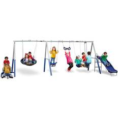 XDP Recreation Fun All Mighty Swing Set w/See Saw, Super Disc, Swings, & Slide, Silver and Blue