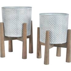 Benjara Outdoor Planter Boxes Benjara Round Metal Planter Set with Wood Stand Set 2 Galvanized