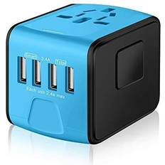 SAUNORCH Universal International Travel Power Adapter W/Smart High Speed 2.4A 4xUSB Wall Charger, European Adapter, Worldwide AC Outlet Plugs Adapters for Europe, UK, US, AU, Asia-Blue