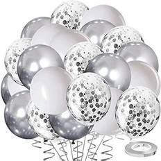 80 Pack Silver White Confetti Balloons,12inch Silver Metallic Confetti Balloons and White Balloons for Birthday Wedding Engagement Graduation Baby Shower Party Decorations