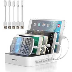Multi usb charger Charging Station for Multiple Devices, MSTJRY 5 Port Multi USB Charger Station with Power Switch Compatible with iPhone iPad Cell Phone Tablets (White, 5 Mixed Short Cables Included)