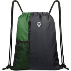 Children Gymsacks Drawstring Backpack Sports Gym Bag for Women Men Children Large Size with Zipper and Water Bottle Mesh Pockets (Black/Green)
