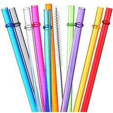 ALINK 10.5 Long Rainbow Colored Reusable Plastic Replacement Straws for Tervis Yeti Signature Starbucks Tumblers Set of 10 with Cleaning Brush