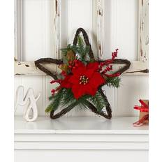 Nearly Natural Wreaths Red Holiday Christmas Poinsettia Star Twig Wreath