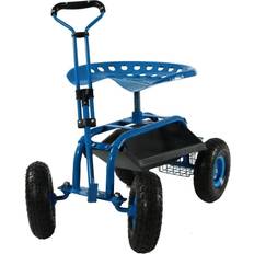 Sunnydaze Decor Blue Steel Rolling Garden Cart with Extendable Steering Handle, Swivel Seat and Basket