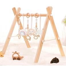 Wooden Baby Gym with 6 Wooden Baby Toys Foldable Baby Play Gym Frame Activity Gym Hanging Bar Newborn Gift Baby Girl and Boy Gym (Natural Color)