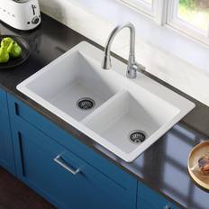 Granite Kitchen Sinks Karran White Quartz 50/50 Double Bowl Composite