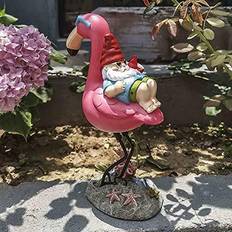 Gnome Garden Statue, Funny Gnome on Flamingo Garden