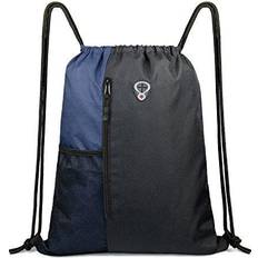 Children Gymsacks Drawstring Backpack Sports Gym Bag for Women Men Children Large Size with Zipper and Water Bottle Mesh Pockets (Black/Navy)