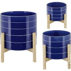 Sagebrook Home Pots, Plants & Cultivation Sagebrook Home 6" 8" Striped Planter with Wood Stand Navy