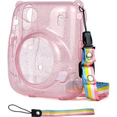 Camera Bags LEONULIY Clear Protective Case for Fujifilm Instax Mini 11 Instant Camera, Crystal Hard PVC Case with Rainbow Hand Strap and Removable Shoulder Strap. (Glittering Pink)