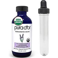 Massage Oils PURA D'OR Organic Lavender Essential Oil (4oz with Glass Dropper) 100% Pure & Natural Therapeutic Grade for Hair, Body, Skin, Aromatherapy Diffuser, Relaxation, Meditation, Massage, Home, DIY Soap