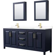Blue Water Toilets Daria Collection WCV252580DBLWCUNSMED 80" Double Bathroom Vanity in Dark Blue White Cultured Marble Countertop Undermount Square Sinks Medicine