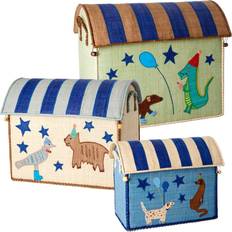 Småoppbevaring Rice Raffia Toy Baskets with Blue Party Animal Theme 3 Set