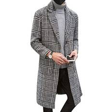 Trenchcoats Uaneo Men's Single Breasted Plaid Mid Long Trench Pea Coat