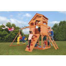 Creative Cedar Designs Timber Valley Wood Complete Swing Set with Wood Roof, Glider Swing, Red Playset Accessories and Green Slide