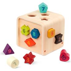 Puttekasser Battat Shape Sorter for Toddlers, Kids Wooden Learning cube Sorting Toy 10 colorful Wood Shapes with Numbers count & Sort cube 1 Year