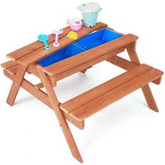 Teamson Kids Outdoor Wooden Picnic Table with 2 Sensory Bins