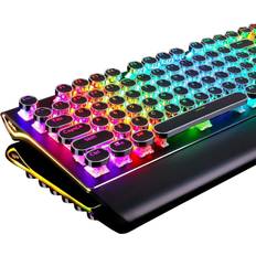 Typewriter Style Retro Mechanical Gaming Keyboard Wired with True RGB Backlit Collapsible Wrist Rest 108-Key Blue Switch Round Keycap - Black