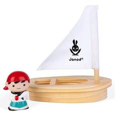 Holzspielzeug Badespielzeuge Janod J04712 Wasserspritzer "Pirat mit Holzboot" Piratenschiff aus Holz