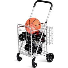 Folding trolley cart Costway Folding Shopping Cart Basket Rolling Trolley with Adjustable Handle-Silver