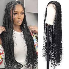 Synthetic Hair Extensions & Wigs Kalyss Full Double Lace Front Knotless Box Braided Wig 36 inch Black