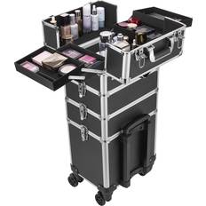 Telescopic Handle Beauty Cases VIVOHOME Aluminum Trolley Professional Cosmetic Organizer Box - Pure Black