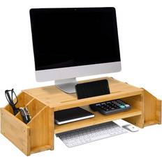 2 monitor computer desk waytrim 2-tier bamboo monitor stand, wood computer monitor riser, wooden desk organizers with adjustable storage accessories shelf for imac