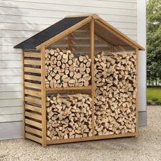 Brown Fireplace Accessories Sunjoy YardCove 29.76 in. Outdoor Firewood Storage Rack with Asphalt Roof and 2-Tier Shelves, Burlywood