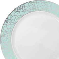 Shiny Mosaic Rim Disposable Plastic Plate Packs Party Supplies White with Turquoise Blue and Silver Rim 120pcs Salad Plates