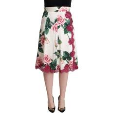 Dolce & Gabbana White Rose Print High Waist Midi A-line Women's Skirt