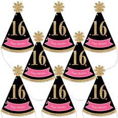 Big Dot of Happiness Chic 16th Birthday Pink, Black and Gold Mini Cone Birthday Party Hats Small Little Party Hats Set of 8