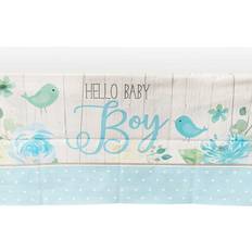 Hand & Footprints Sparkle and Bash 3 Pack Hello Boy Plastic Table Covers for Shower Decorations for Boys, Rustic Brid Design Blue, 54 x 108 in