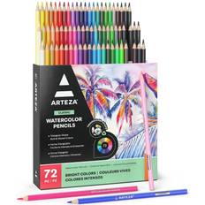 Arteza Watercolor Pencils, 72 Assorted Colors, Triangular Shape, Pencil Crayons for Coloring Books and Canvas, Watercolor Brush Included, Supplies