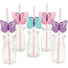 Beautiful Butterfly Baby Shower Birthday Paper Striped Decorative Straws 24 Ct Pink